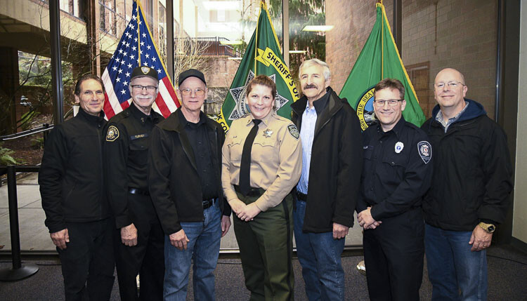 Chaplains from the area gathered to witness the swearing in of Chaplain Cari Arnsparger. Photo courtesy Clark County Sheriff’s Office