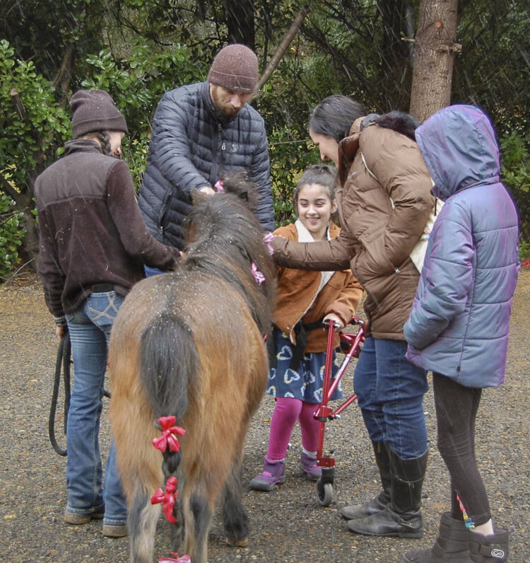 Elizabeth Vallaire and daughter Harper pet a horse at Healing Steps where Harper receives occupational therapy. Photo courtesy Woodland School District