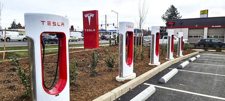 There are a dozen charging stations at the new Tesla dealership, which opened Tuesday in Vancouver at 6916 NE Fourth Plain Blvd. Photo by Paul Valencia