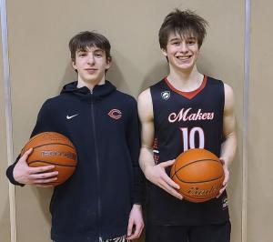 Beckett Currie, left, and Theo McMillan are two of the leaders of the Camas boys basketball team. The Papermakers won the Class 4A Greater St. Helens League title this season. Photo by Paul Valencia