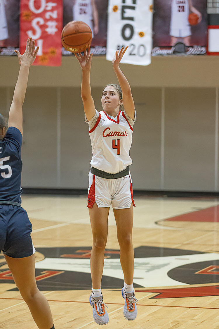 Sophie Buzzard, shown here last week, scored a team-high 13 points Wednesday night, helping the Camas Papermakers to a win in the bi-district semifinals. Photo by Mike Schultz