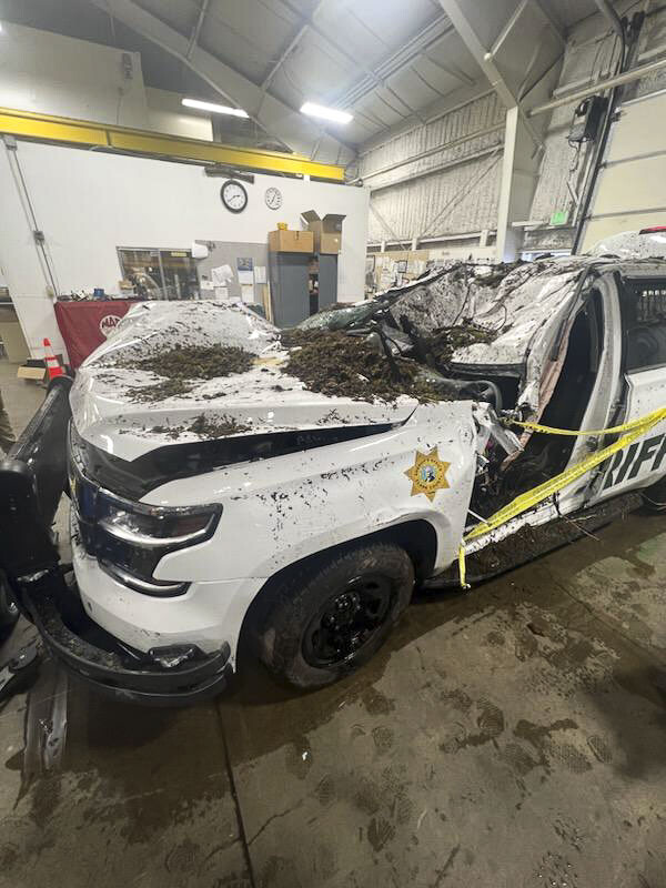This photo shows Deputy Drew Kennison’s patrol vehicle involved in Wednesday’s serious injury collision. Photo courtesy Clark County Sheriff’s Office