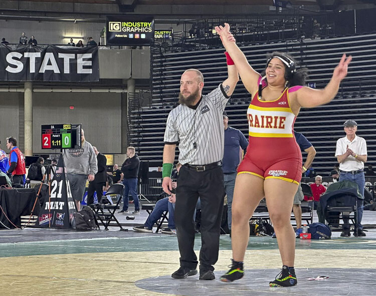 Prairie’s Faith Tarrant finished the season with a perfect record, pinning every opponent en route to her second consecutive state wrestling championship. Photo courtesy WIAA