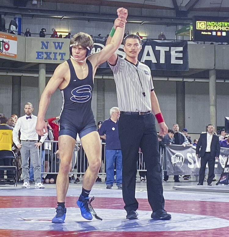 A sophomore at Skyview, JJ Schoenlein is now a state champion. He said it is his goal, along with his teammates, to lift the Skyview wrestling program. This is the beginning of something new, he said, with the Storm. Photo courtesy WIAA