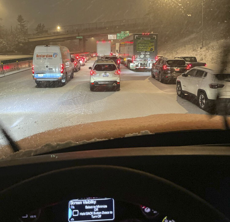 The view from Scott Tianen’s cab on Wednesday night. It took the Vancouver man, a truck driver, close to nine hours to travel 12 miles from near Barbur Boulevard in Portland to his terminal in Northwest Portland. Photo courtesy Scott Tianen