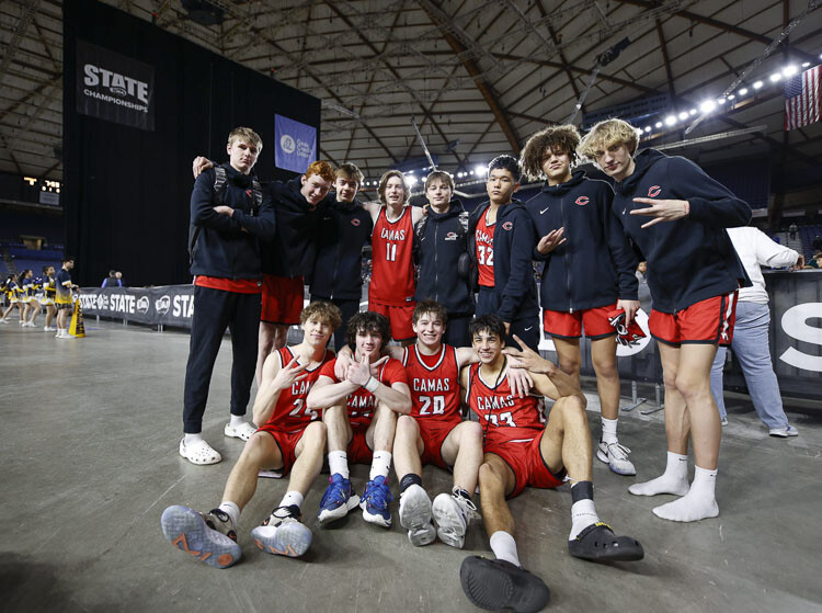 The Camas boys basketball team, shown here in the Tacoma Dome on Wednesday, lost in the state quarterfinals on Thursday morning but hopes to win Friday in the consolation round to earn a trophy at the state tournament. Photo courtesy Heather Tianen