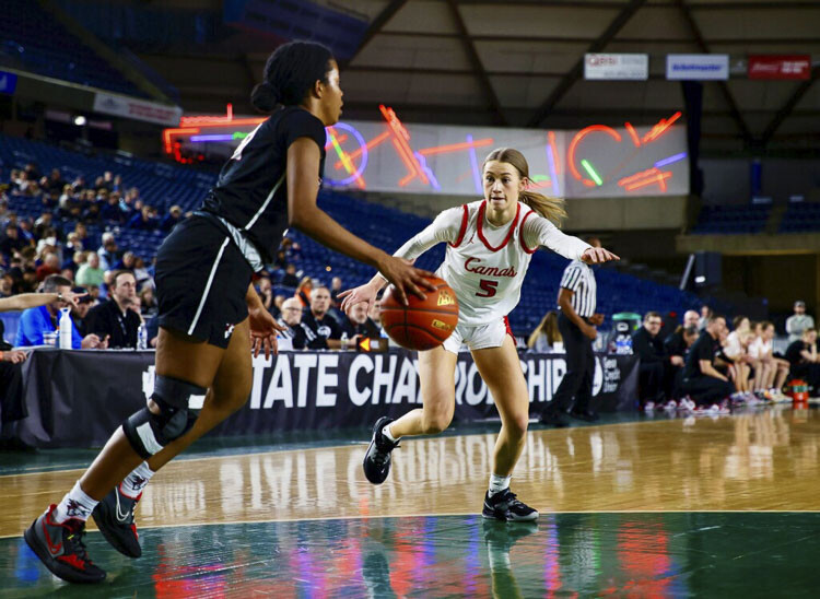 Camas guard Parker Mairs (5) applies defensive pressure to an Eastlake ball handler in the first half of Saturday’s championship game at the Tacoma Dome. Photo courtesy Heather Tianen