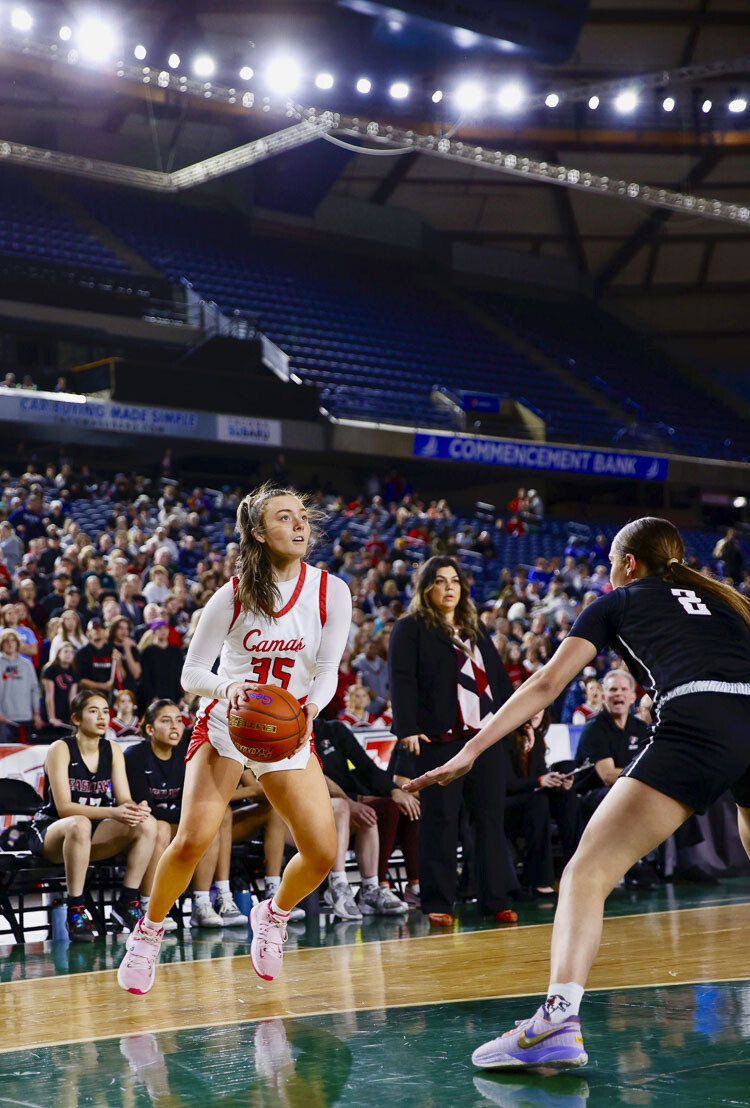 Camas sophomore Keirra Thompson (35) prepares to attempt a 3-pointer in the first half of Saturday’s Class 4A title game at the Tacoma Dome. Photo courtesy Heather Tianen