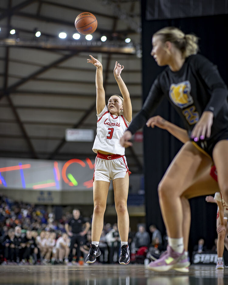 Riley Sanz led a balanced attack for the Camas Papermakers, scoring 13 points in a state semifinal victory at the Tacoma Dome. Photo courtesy Heather Tianen