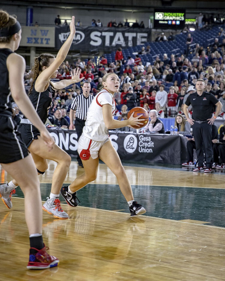 Riley Sanz was voted first team, all-tournament for the Camas Papermakers. She made five 3-pointers in the championship game, including three in the fourth quarter to help Camas get back into the contest. Photo courtesy Heather Tianen