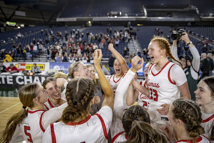 The Camas Papermakers celebrate late Friday night after beating Tahoma in the Class 4A state semifinals. Camas will play for a state title Saturday night in the Tacoma Dome. Photo courtesy Heather Tianen