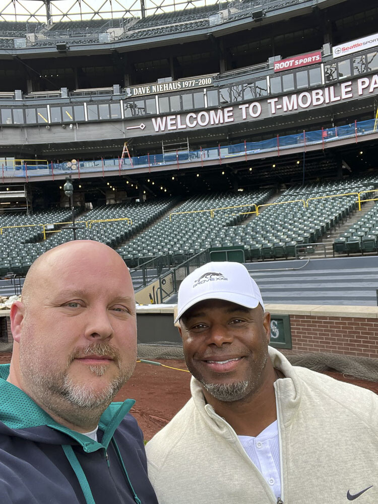 John Scukanec and Ken Griffey Jr. met Wednesday at T-Mobile Park in Seattle to have a catch. Scukanec, a Washougal man, completed his Catch 365 journey, playing catch every day with someone for a year. And Day 365 just happened to be with the greatest Seattle Mariner of all time. Photo courtesy John Scukanec
