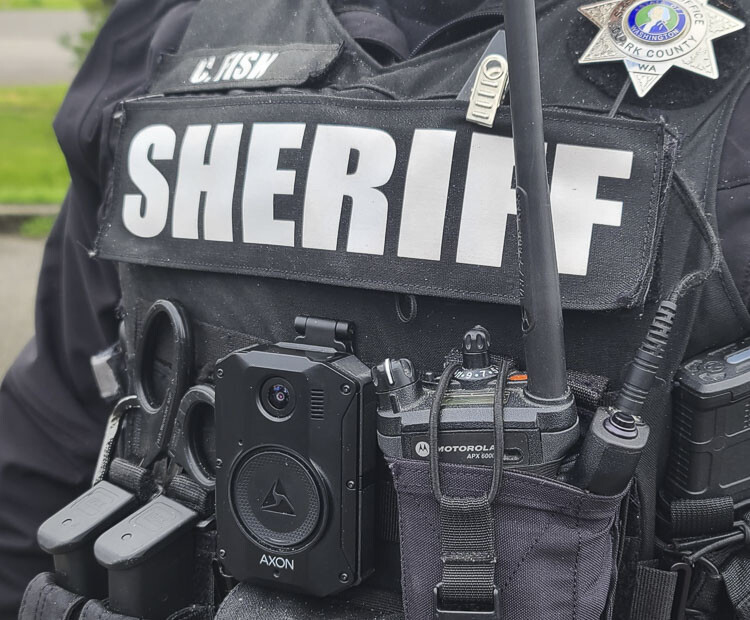 A camera is front and center on the uniform of Chris Fisk, a deputy with the Clark County Sheriff’s Office. Photo by Paul Valencia