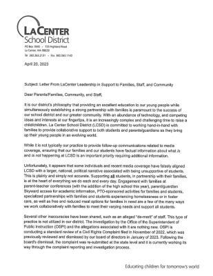 Superintendent Peter Rosenkranz addresses recent media coverage in letter to families. Washington Office of the Superintendent of Public Instruction (OSPI) is investigating La Center School District's Gender-Inclusive Schools Policy 3211-P to see if it complies with state laws and requirements after complaints were filed by some district employees against the superintendent alleging that the policy violates the freedom of speech and expression of students.