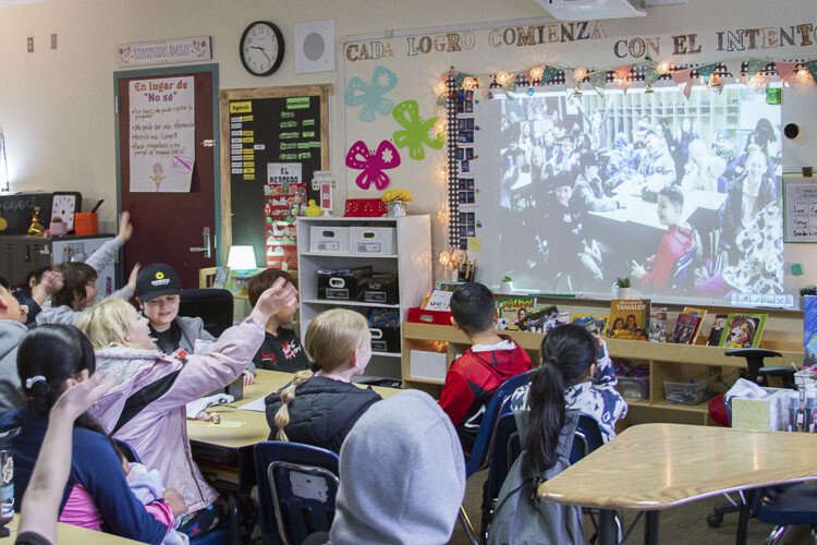 Woodland's dual language students interacted with their Puerto Rican counterparts in real-time using Zoom teleconferencing software. Photo courtesy Woodland School District