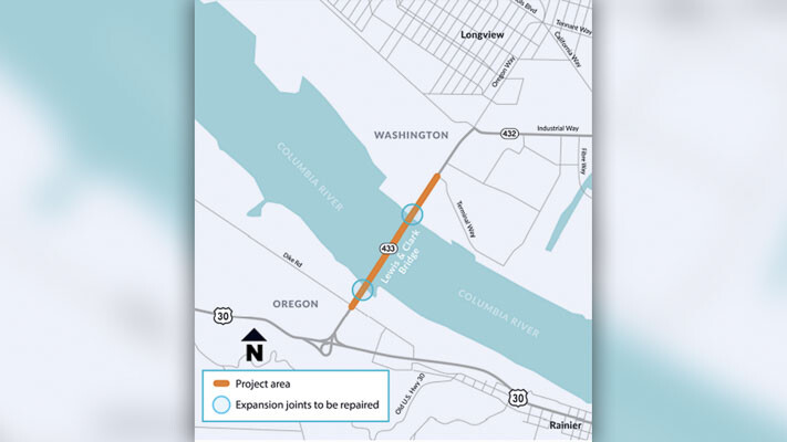 The State Route 433 Lewis and Clark Bridge connecting Longview, Washington and Rainier, Oregon will be closed for up to eight days from July 16 for repairs to two expansion joints and a fractured floor beam, with pedestrians, bicyclists, and emergency responders able to cross the bridge except during a small window when the floor beam is being replaced.