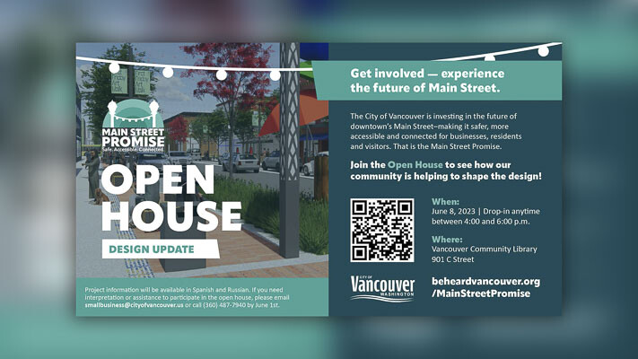 The Main Street Promise Project in Vancouver will host an open house event to showcase conceptual designs for downtown's Main Street and gather community feedback on improving accessibility, safety, and connectivity for businesses, residents, and visitors.