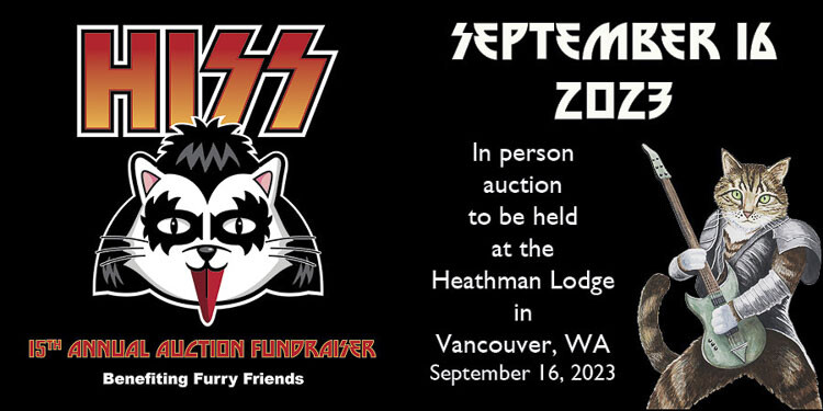 Furry Friends plans rock and roll-themed 'HISS' auction at Heathman Lodge on Sept. 16, seeking donations of high-value items like trips, experiences, and electronics, with all funds going towards cat rescue and care.