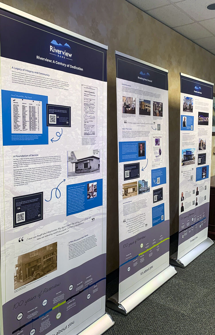 Three sets of history panels have been created to share the bank’s history. From now and into the fall, they will be on display at bank branches, corporate headquarters and a few additional locations with our community partners. During the first few weeks, the panels will be at the Camas, Battle Ground and Gateway branches. Photo courtesy Riverview Bank