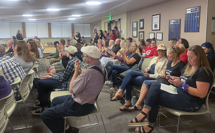 Parents and area residents flooded the Zellerbach Administration Building for Monday’s Camas School Board meeting for a variety of reasons, including national DECA achievements and other student success stories. Not all topics were positive, however, as two parents stood up and spoke about death threats being made – at an elementary school, no less. Photo courtesy Leah Anaya