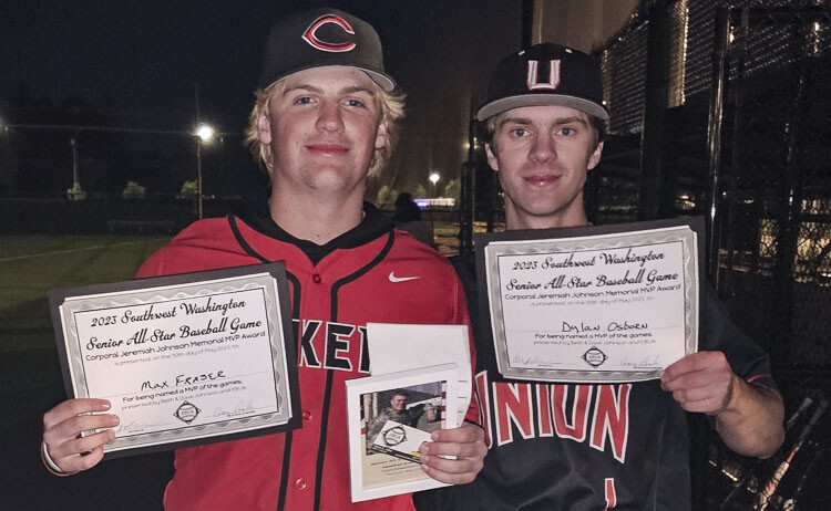 Max Fraser, left, of Camas and Dylan Osbourne of Union were selected the MVPs of Tuesday’s Clark County Senior All-Star Baseball series. Photo by Paul Valencia