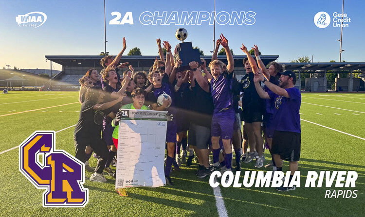 The Columbia River Rapids celebrate their perfect season and Class 2A state title in boys soccer. Photo courtesy WIAA