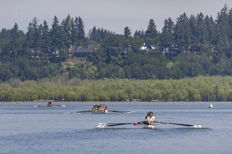 Athletes rowed on the 2,000-meter course at Vancouver Lake throughout the weekend during the U.S. Rowing Northwest Youth Championships. Photo by Mike Schultz