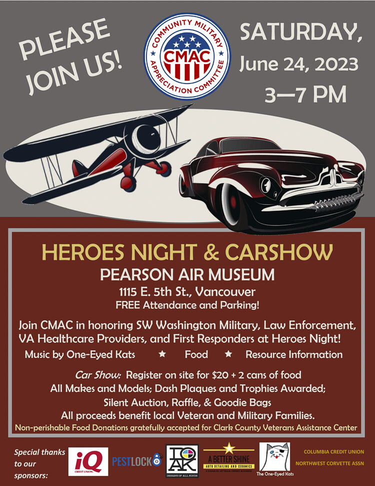 Heroes Night, a free event celebrating veterans and first responders, featuring a car show, flyover, live music, and information booths, will take place at Pearson Airfield, Fort Vancouver National Historic Site on Saturday from 3 to 7 p.m., hosted by the Community Military Appreciation Committee.