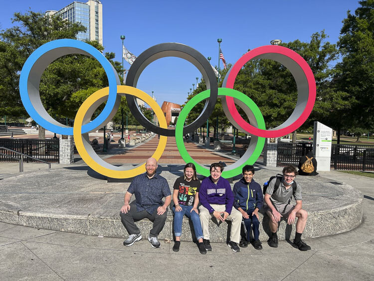 The Ridgefield High School Knowledge Bowl team traveled to Atlanta for their first in person national competition thanks to the generosity of Ridgefield residents (left to right): Coach David Jacobson and team members Emi Newell, Adam Ford, James Haddix, and Stuart Swingruber. Photo courtesy David Jacobson
