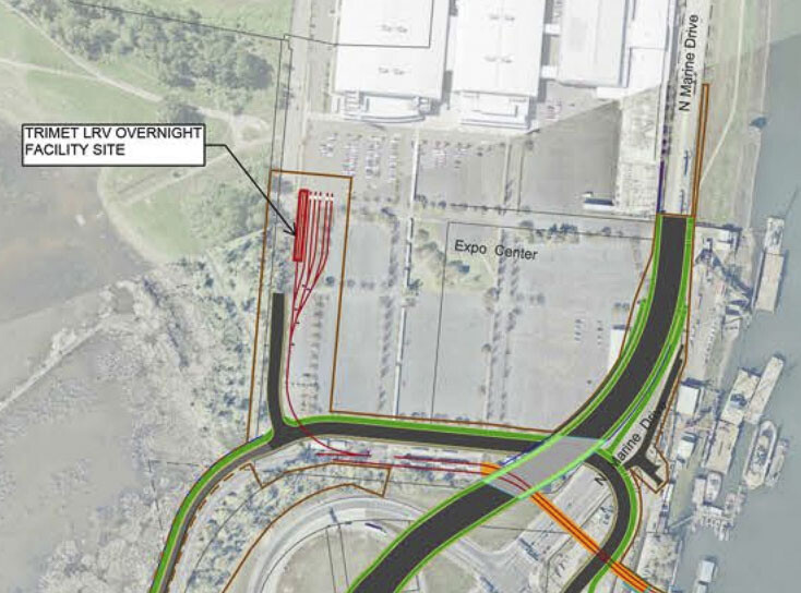 TriMet is planning an overnight facility on the south side of the Expo Center as part of the Interstate Bridge Replacement program. If this is included in the final project, it would reduce the number of tracks and bays planned for the Ruby Junction facility. Graphic courtesy of Interstate Bridge Replacement program
