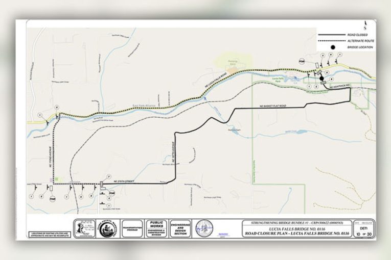 Hantwick Road at East Fork Lewis River closed beginning Aug. 7 for repairs to Lucia Falls Bridge