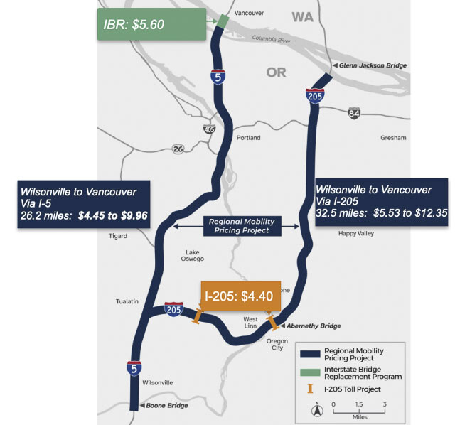 Multiple tolling programs could be implemented around the Portland metro area including tolls for the Interstate Bridge Replacement. ODOT’s Regional Mobility Pricing Program would be a per mile driven charge in addition to bridge tolls. Graphic courtesy Oregon Department of Transportation