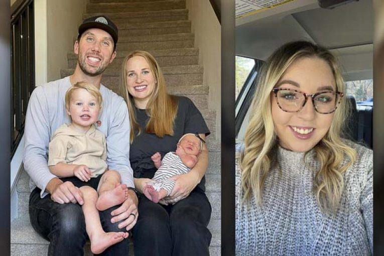All happy and healthy after baby is delivered on side of I-205