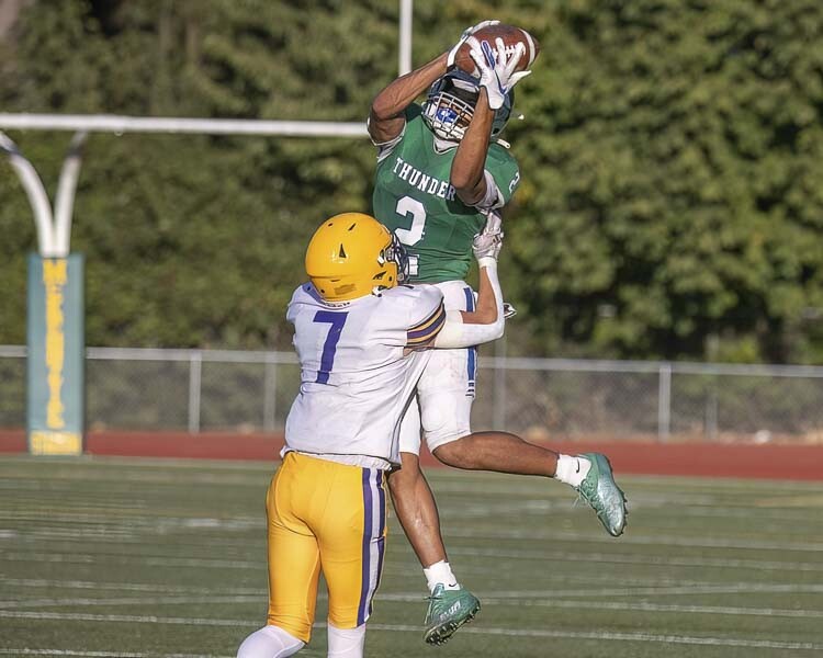 Akili Kamau had a big game on offense and defense for Mountain View on Friday against Hanford. Here he is with an interception. Photo by Mike Schultz
