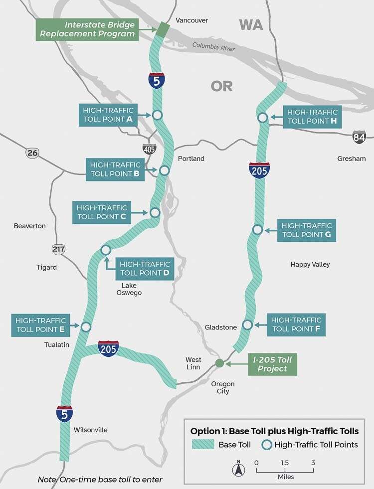 ODOT has proposed three possible options for tolling under its Regional Mobility Pricing Program. None are set in stone, as Oregon Gov. Tina Kotek has “paused” tolling until Jan. 2026. ODOT is looking for a new revenue source to fill a $3 billion funding hole in transportation projects. Graphics courtesy ODOT