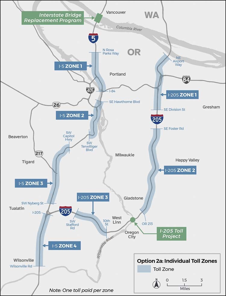 ODOT has proposed three possible options for tolling under its Regional Mobility Pricing Program. None are set in stone, as Oregon Gov. Tina Kotek has “paused” tolling until Jan. 2026. ODOT is looking for a new revenue source to fill a $3 billion funding hole in transportation projects. Graphics courtesy ODOT