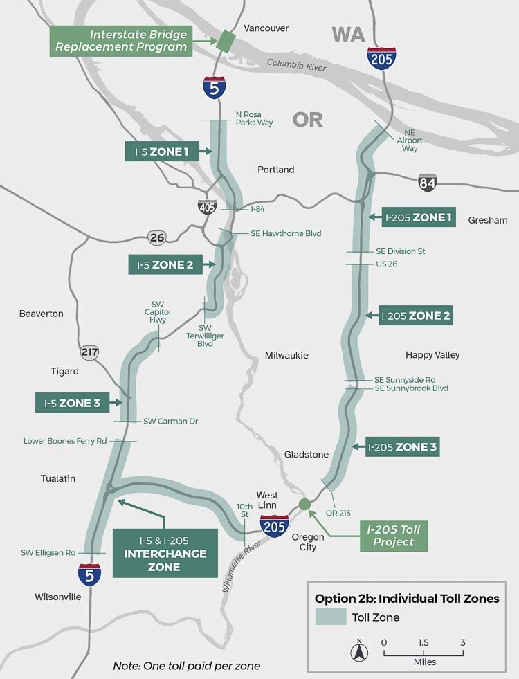 ODOT has proposed three possible options for tolling under its Regional Mobility Pricing Program. None are set in stone, as Oregon Gov. Tina Kotek has “paused” tolling until Jan. 2026. ODOT is looking for a new revenue source to fill a $3 billion funding hole in transportation projects. Graphics courtesy ODOT