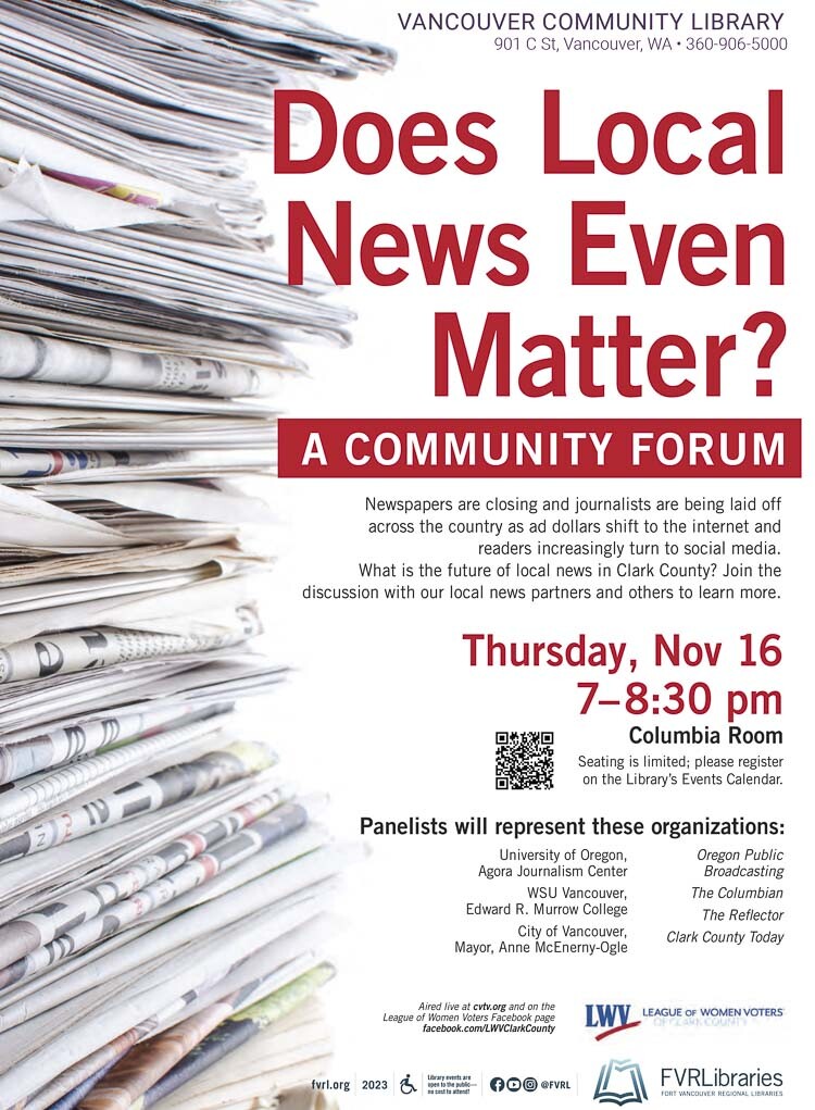 League of Women Voters of Clark County hosts a community conversation on the local news crisis and its impact on democracy on November 16, featuring key representatives and experts in the field. Reliable, responsible local news is struggling as one-fourth of the country’s newspapers have closed since 2008.