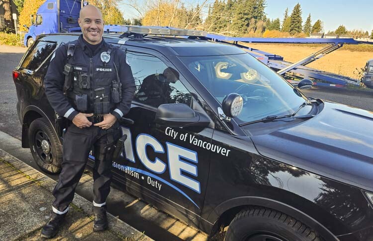 Officer Jeff Anaya of the Vancouver Police Department wants drivers to slow down and pay attention to the conditions of the roadway now that fall has arrived and winter is approaching. He is part of the Target Zero campaign on traffic safety. Photo by Paul Valencia