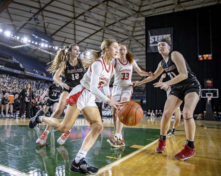 Eastlake’s defense proved to be too strong for Camas in the the state championship game last season. The two teams are playing a non-league game in Camas on Friday, Dec. 15. Photo courtesy Heather Tianen