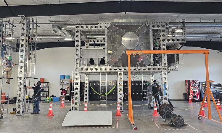The new satellite campus for the Northwest Renewable Energy Institute features ladders and a simulated nacelle climbing tower in order to teach students safety techniques on their way to becoming wind technicians. Photo by Paul Valencia