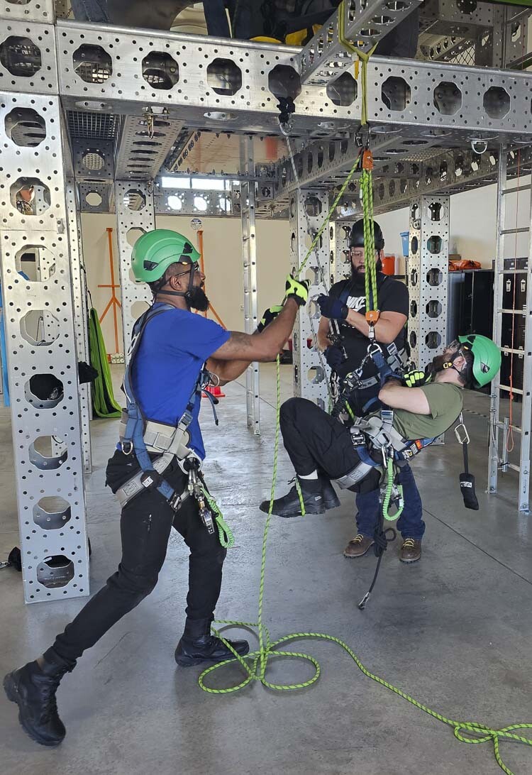 Students learning to become wind technicians must pass safety and rescue classes in order to graduate from the Northwest Renewable Energy Institute. Photo by Paul Valencia