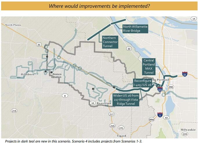 ODOT and Metro are considering significant transportation projects to improve mobility in Washington County and the west side of the Portland region. A Northern Connector would create an alternate route, bypassing the three-lane Vista Ridge Tunnel choke point. The current effort has been underway for at least two years. Graphic courtesy ODOT and Metro