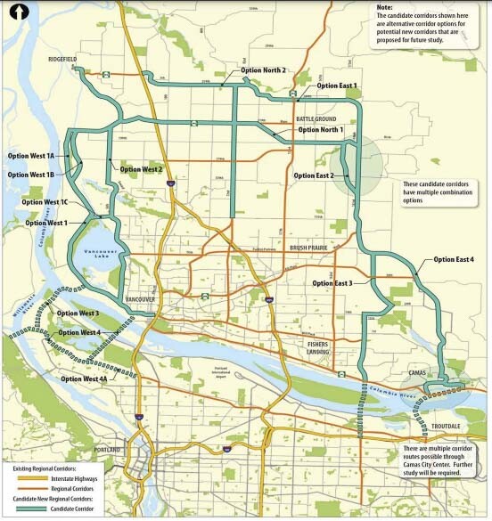 The 2008 RTC Visioning Study identified transportation corridor needs when Clark County population reached 1 million people. The study provided two options for a westside transportation corridor, both connecting with the Port of Portland. This would be a logical connection to Oregon’s current Northern Connector as a freight bypass to using I-5. Graphic courtesy Regional Transportation Council