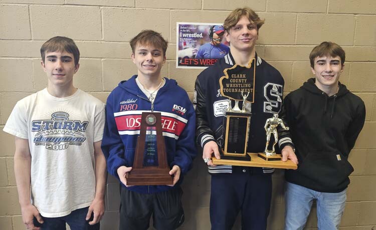 Jonas DesRochers, Owen Pritchard, JJ Shoenlein, and Mason DesRochers all won state championships at Mat Classic, leading Skyview to its best team finish in program history. Skyview finished third. Photo by Paul Valencia