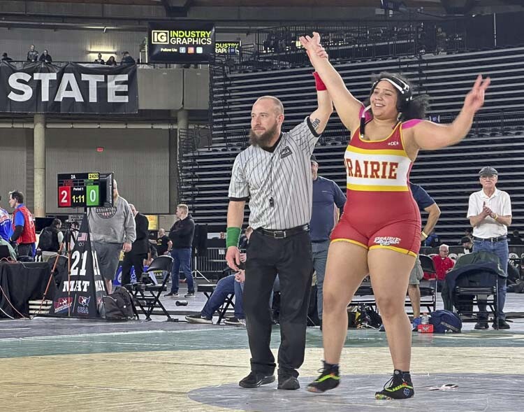 Faith Tarrant of Prairie, shown here last year at Mat Classic, is looking for her third consecutive state championship this week. Photo courtesy WIAA
