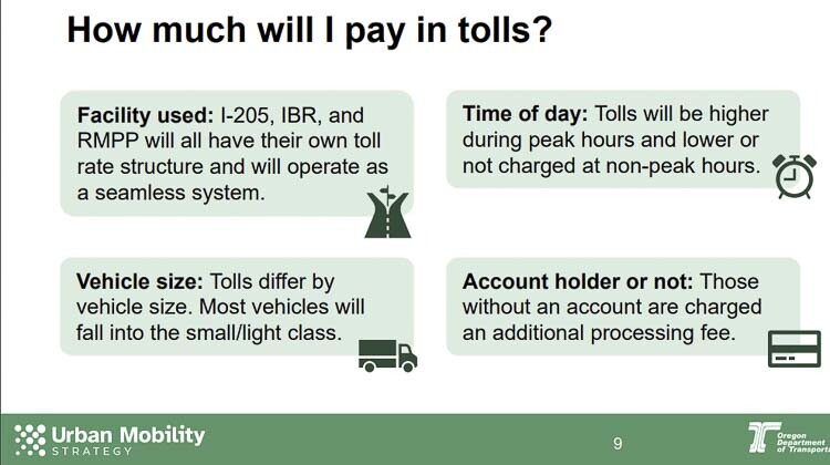 Toll rates will vary in the ODOT mobility pricing plan. There will be facility tolls for crossing a bridge, congestion pricing by time of day and the amount of traffic congestion on the road, and whether or not you have an electronic toll tag. Freight haulers will pay more, based on the size of their vehicle. Graphic courtesy ODOT
