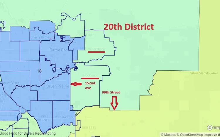 The revised map extended the 20th District south in east Clark County. This includes Hockinson and areas south to 99th Street. Graphic courtesy Dave’s Maps.