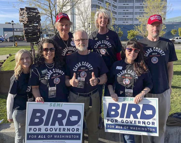 A group of Clark County delegates proudly show their support for gubernatorial candidate Semi Bird outside the Spokane Convention Center. Photo courtesy Clark County Republicans
