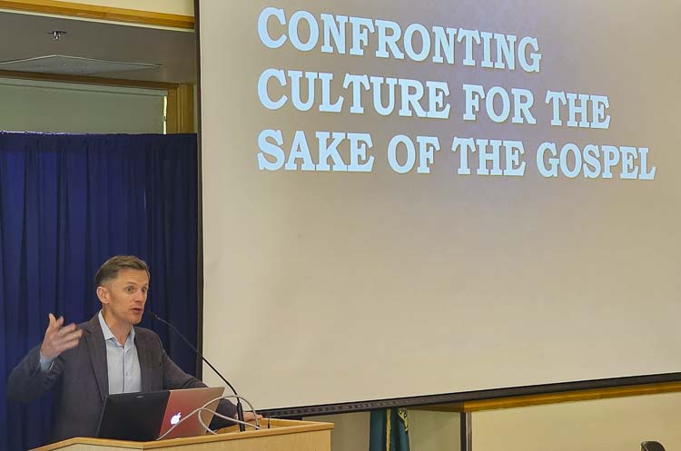 Joseph Backholm of the Family Research Council speaks to nearly 100 church leaders from the region Tuesday at a luncheon sponsored by the Concerned Christian Citizens of Clark County. Photo by Paul Valencia